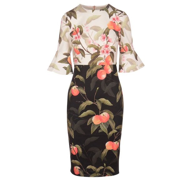 Ted Baker Areea Peach Blossom Leaves Sheath Pencil Cocktail Sheath Dress Small - Picture 2 of 16